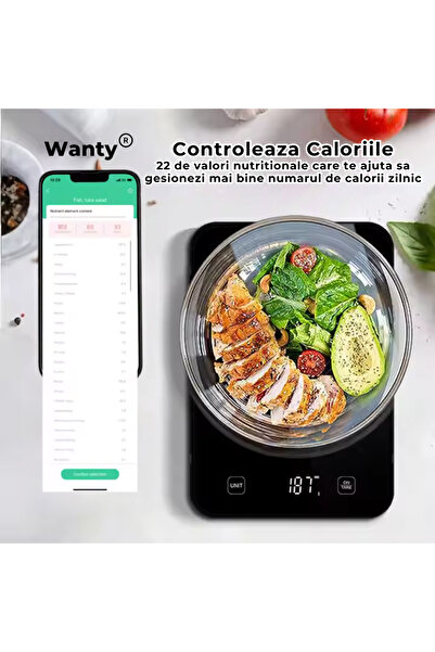 Wanty Smart Kitchen Scale - App, USB-C Charge, Apple Health & Google Fit, 15 kg, Black