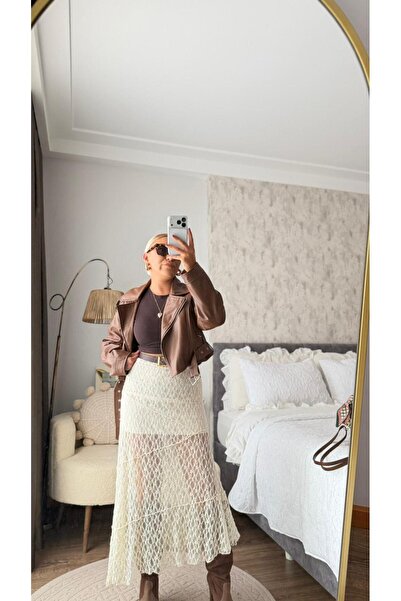 Qu Style DANTEL DESENLİ BELİ LASTİKLİ KATLAMALI ETEK KEMİK