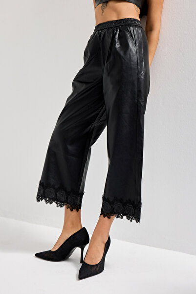 it's basic Women's Black Color Leg Opening Lace Detailed Elastic Waist Design Faux Leather Trousers