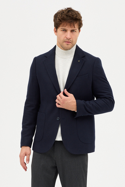 Frappoli Lanz Чоловічий темно-синій блейзер із кашемірової тканини з напівпідкладкою, кишенями-мішками та монокомірцем