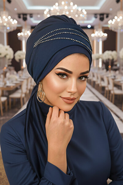 Aişe tesettür Lacivert Taşlı Atkılı Abiye Bone