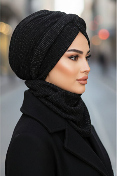 Aişe tesettür Black Sparkle Winter Twist Hat and Etol Set
