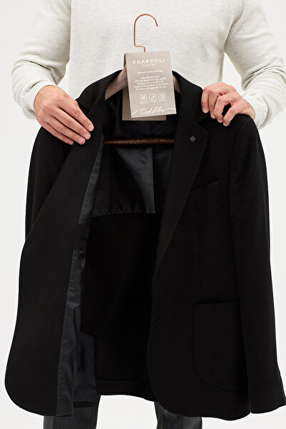 Frappoli Lanz Men's Black Cashmere Fabric Half-Lined Mono Collar Sports Blazer Jacket with Pocket