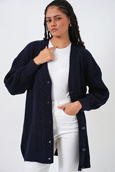 Bigdart 15768 Темно-синій светр з орнаментом на ґудзиках на ґудзиках Тесеттурний светр-кардиган