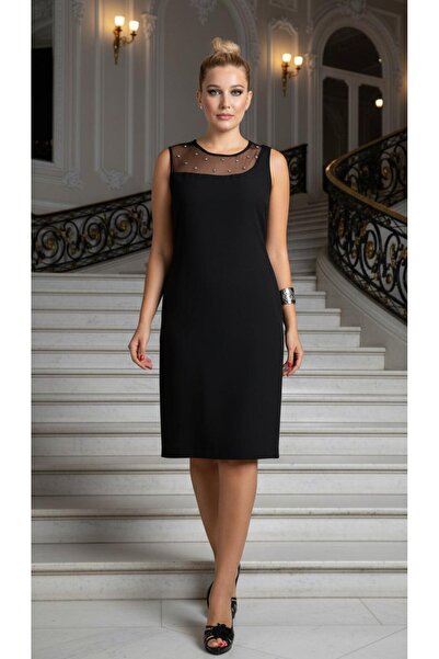 Nidya Moda Büyük Beden Roba Tül Taş Işli Siyah Abiye Elbise-4011s