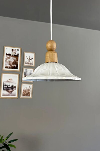 Bamyum Ralivo Beyaz Metal Avize Tekli Kalın Ahşap Boncuk Başlık Mutfak Modern Dekoratif Sarkıt Aydınlatma