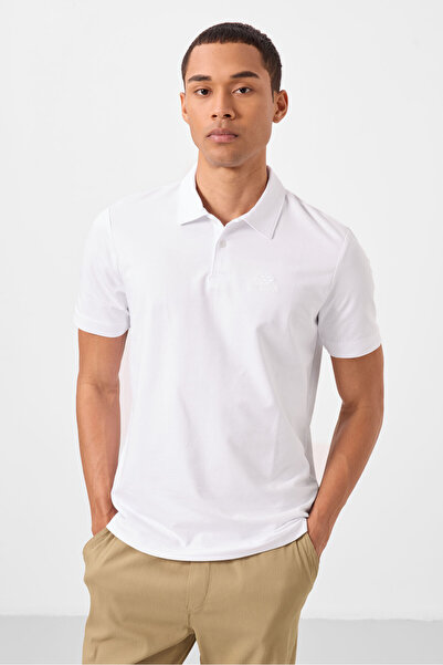 TOMMY LIFE Bílé pánské tričko Standard Fit Basic Polo Neck - 87748
