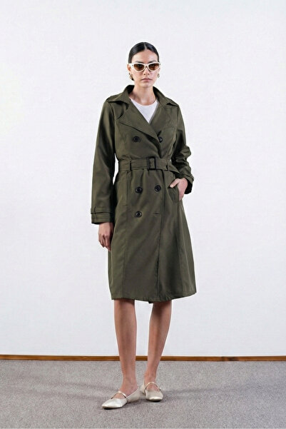 Spazio İmperatrice Kruvaze Yaka Kuşaklı Trençkot HAKİ