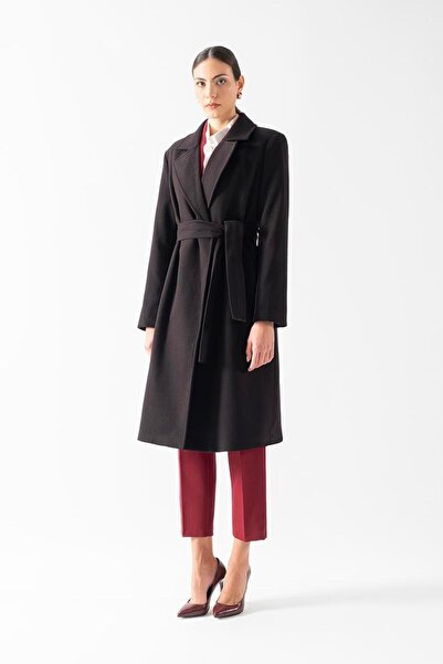 Spazio Pivetti Yakası Kürklü Kuşaklı Kaban SİYAH