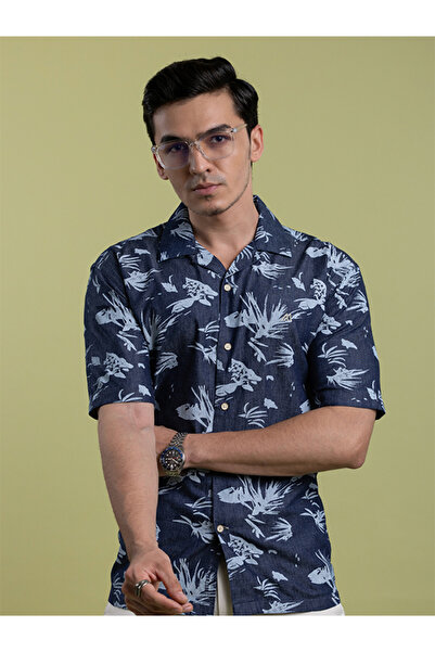 Mannerism The Ocean Print-Navy Denim Shirt with Vintage-Wash Character, Comfo...