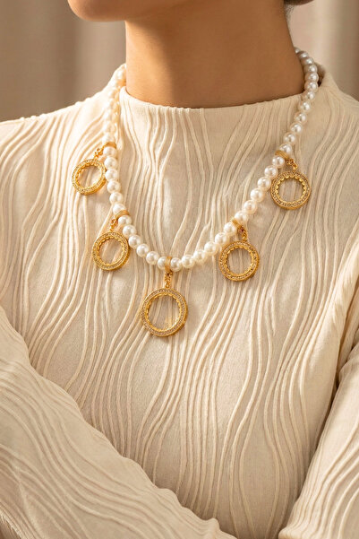 TwinsCollection Yarım ve Çeyrek Altın Uyumlu 8mm İncili 5'i Bir Yerde Kolye - Yarımlı Çeyrekli Beşi Bir Yerde Kolye.