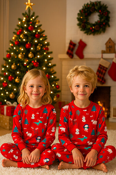 elmas kids Set de pijamale unisex cu model de Crăciun pentru băieți și fete, bumbac 100% piese