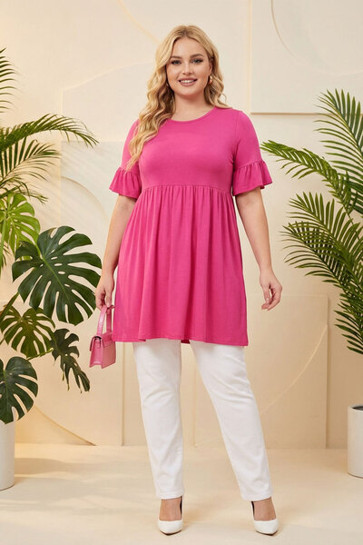 Stil Diva Plus Size Sleeve Detailed Elastic Waist Pleated Tunic T-Shirt T41