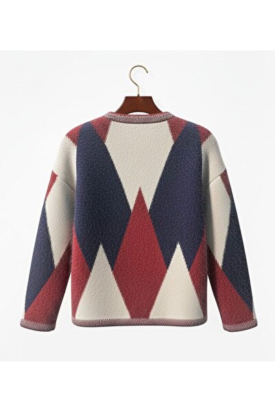 FLEX FASHION Women's Popular Oversized Pocketless Furry Argyle Pattern Trendy Cardigan (Burgundy)