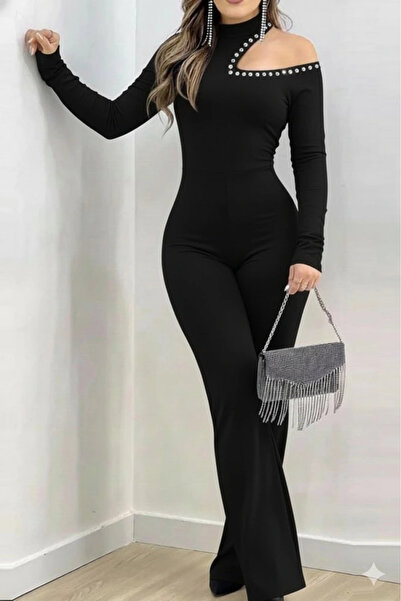 Butik Women's One-Shoulder Open Turtleneck Stone Detailed Long Imported Crepe Jumpsuit