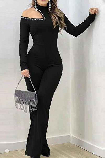 Butik Women's One-Shoulder Open Turtleneck Stone Detailed Long Imported Crepe Jumpsuit