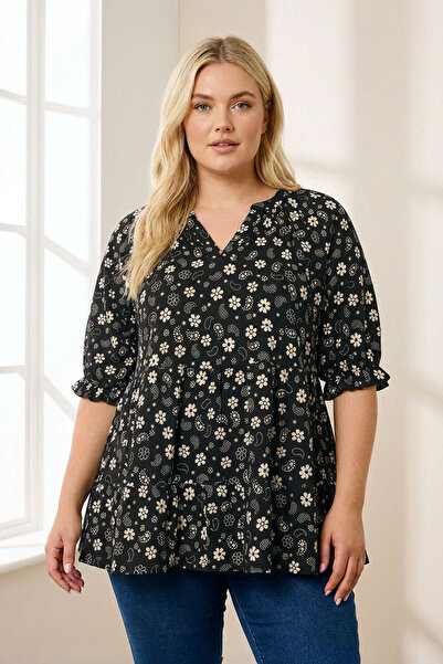 Stil Diva Large Size Notch Neck Short Sleeve Skirt Ruffle Blouse 322571