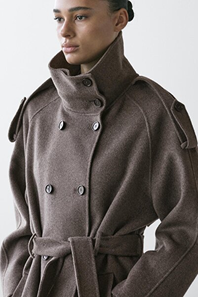 Massimo Dutti Kemerli uzun yün karışımlı trençkot