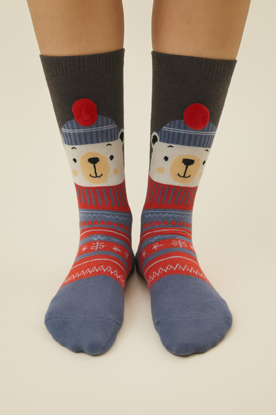 Katia&Bony Новогодишни сиви меланжови чорапи - Детски помпон с мече