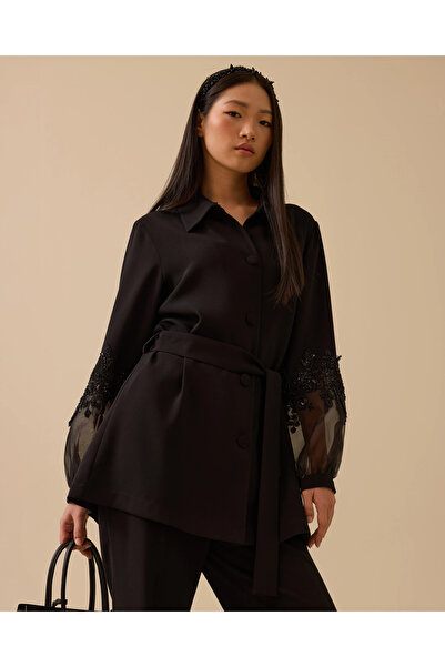 SCL Nakış İşlemeli Kol Detaylı Kuşaklı Ceket