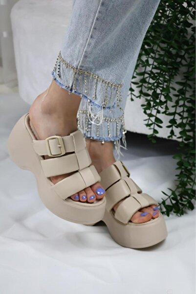 asmi shoes Papuci ortopedici Mikeno pentru femei, cu cataramă din trei cu vipușcă și talpă groasă, bej