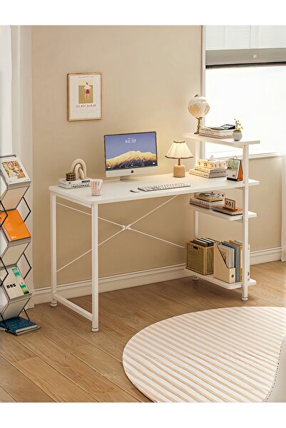 Venpara مكتب كمبيوتر مع رف كتب، طاولة مكتب بأربعة أرفف قابلة للعكس، مكتب دراسة بدعامة على شكل حرف X