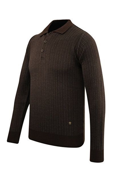 Çizgi Triko Ανδρικό πλεκτό πουλόβερ με ριγέ γιακά πόλο - Διακοσμημένα μπράτσα και ελαστική μέση, ατσάλινο πλεκτό κλασικό σχέδιο - 5004F