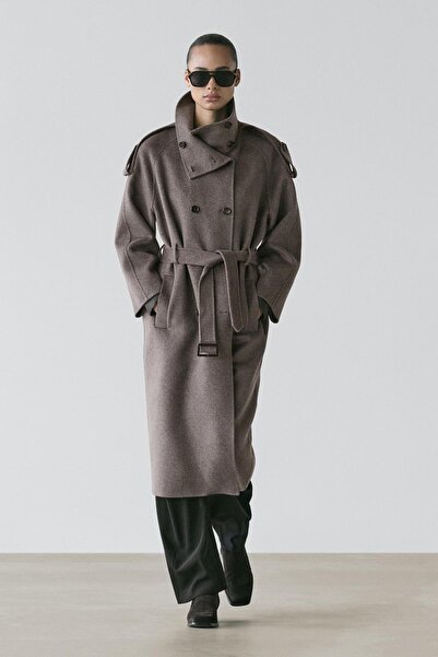 Massimo Dutti Kemerli uzun yün karışımlı trençkot