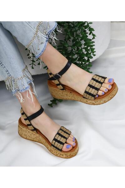 asmi shoes Sandale ortopedice cu talpă din plută și detalii din răchită, negre