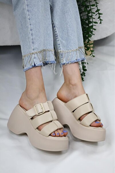 asmi shoes Papuci ortopedici Mikeno pentru femei, cu cataramă din trei cu vipușcă și talpă groasă, bej