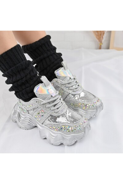 Tmall Pantofi sport pentru femei, din piele ecologică, cu pietre, D1364, argintii