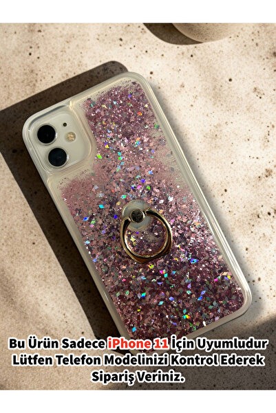 Merwish Apple iPhone 11 Uyumlu Sulu Simli Yüzüklü Standlı Parlak Silikon Kılı...