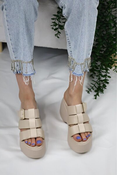 asmi shoes Papuci ortopedici Mikeno pentru femei, cu cataramă din trei cu vipușcă și talpă groasă, bej