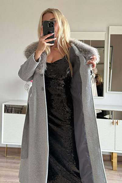 CİDDE Γυναικείο παλτό με γιακά από γούνα και κασετίνα