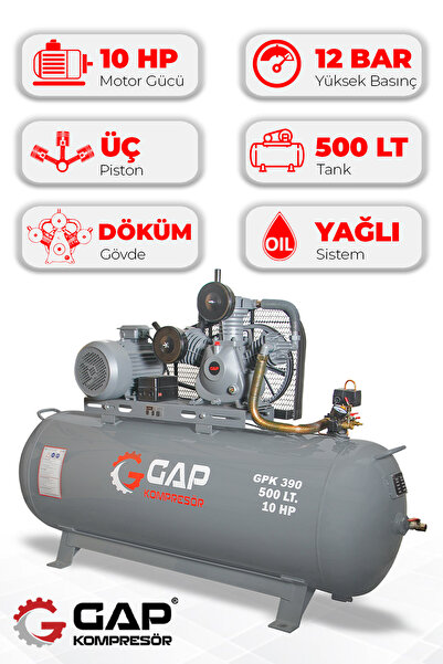 GAP KOMPRESÖR Hava Kompresörü Pistonlu 500LT 3 Kafa 12 Bar 10HP GPK390