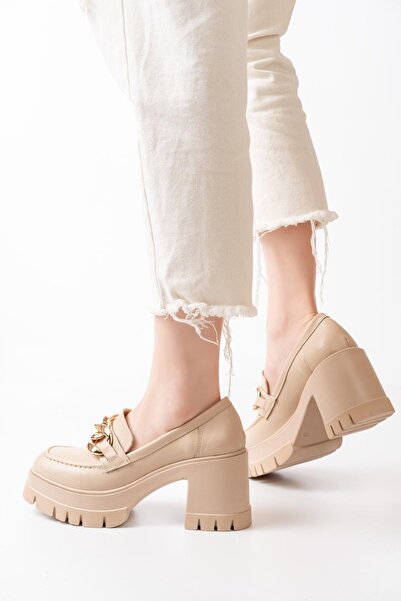 asmi shoes Kadın Zincir Tokalı Karmi 8 Cm Topuklu Platformlu Loafer Ayakkabı Bej