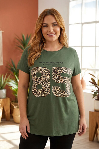 Stil Diva Büyük Beden Bisiklet Yaka Kısa Kollu Baskılı T-shirt 304172