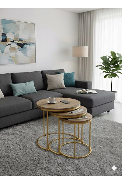 usta mekan 3'lü Parlak Gold Ayak Antik Çam Tabla Zigon Servis Salon Sehpa