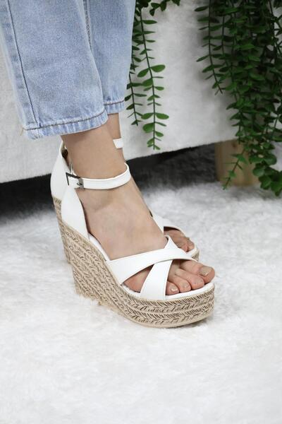 asmi shoes Toc plat pentru femei cu barete încrucișate (11 cm) Tocuri înalte confortabile 700 alb