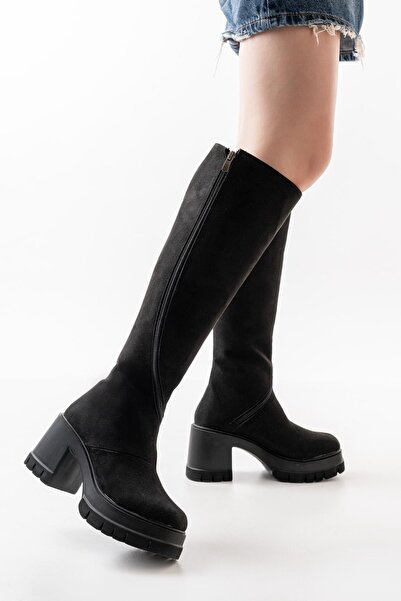 asmi shoes حذاء نسائي بطول الركبة بسحاب دوار من جلد الغزال الأسود