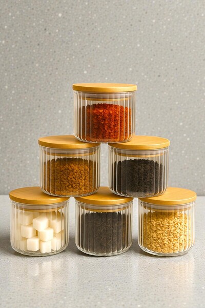 Denia Home |   Borrelia |   6-Piece Bamboo Lid Striped Spice Jar Set 490 Ml.