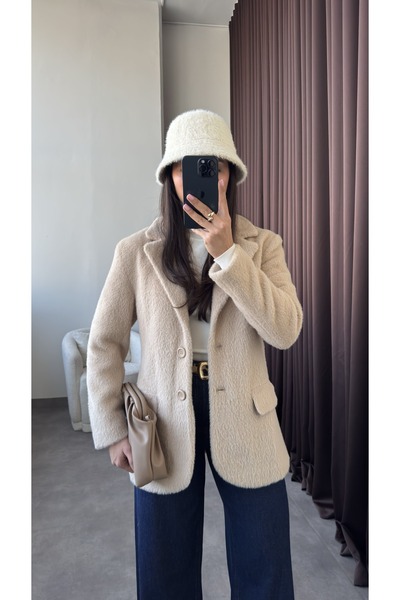 YOUR NAME Kruvaze Yaka Tüylü Bej Kadın Blazer Ceket