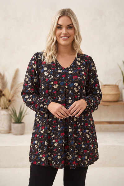 Stil Diva Plus Size Long Sleeve V Neck Front Pleated Floral Print Blouse 303720