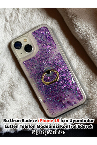 Merwish Apple iPhone 15 Uyumlu Sulu Simli Yüzüklü Standlı Parlak Silikon Kılı...