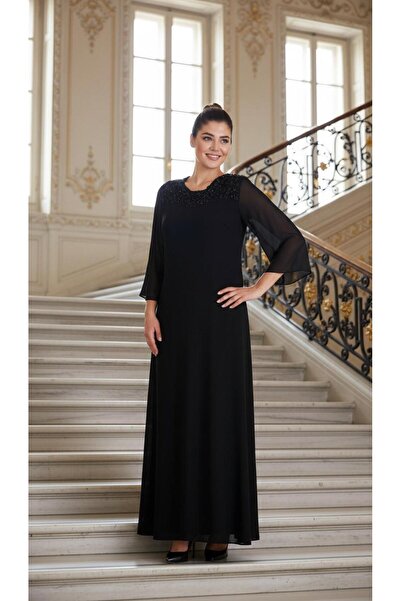 Nidya Moda Büyük Beden Siyah Dantelli Uzun Abiye Elbise 4114s