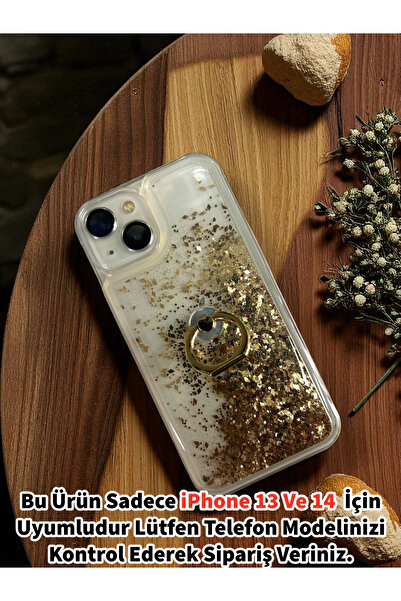 Merwish Apple iPhone 13 Ve 14 Uyumlu Sulu Simli Yüzüklü Standlı Parlak Siliko...