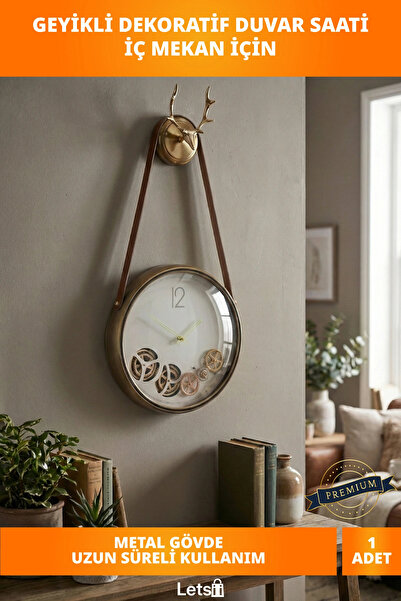 Letsii Çarkları Hareketli Geyikli Duvar Saati Modern Tasarım 36x34 cm