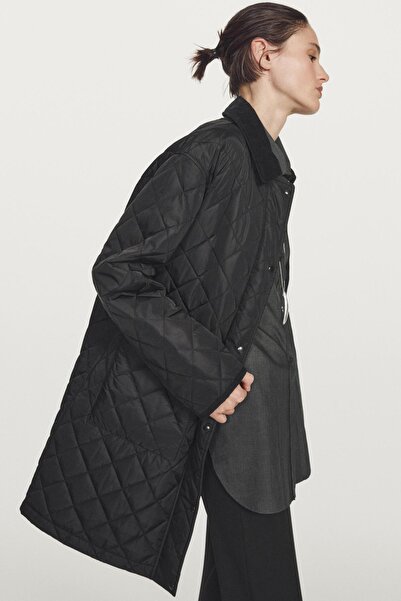 Massimo Dutti Fitilli kadife detaylı uzun hafif şişme mont