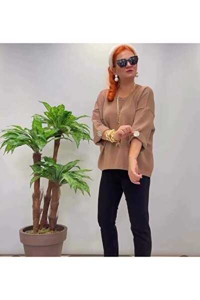NUR TEKSTİL kadın açık kahve italyan tiiko yarım kol kol düğme detaylı arkası...
