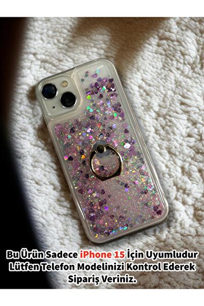 Merwish Apple iPhone 15 Uyumlu Sulu Simli Yüzüklü Standlı Parlak Silikon Kılı...